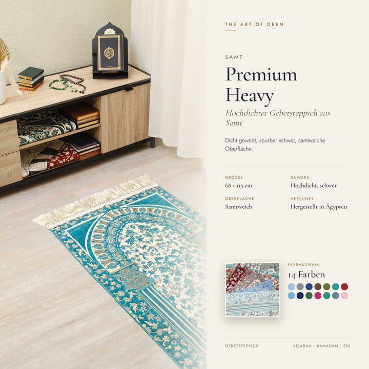 Premium Heavy Gebetsteppich aus Samt, 68 x 115 cm, 14 Farben, Infografik von The Art of Deen
