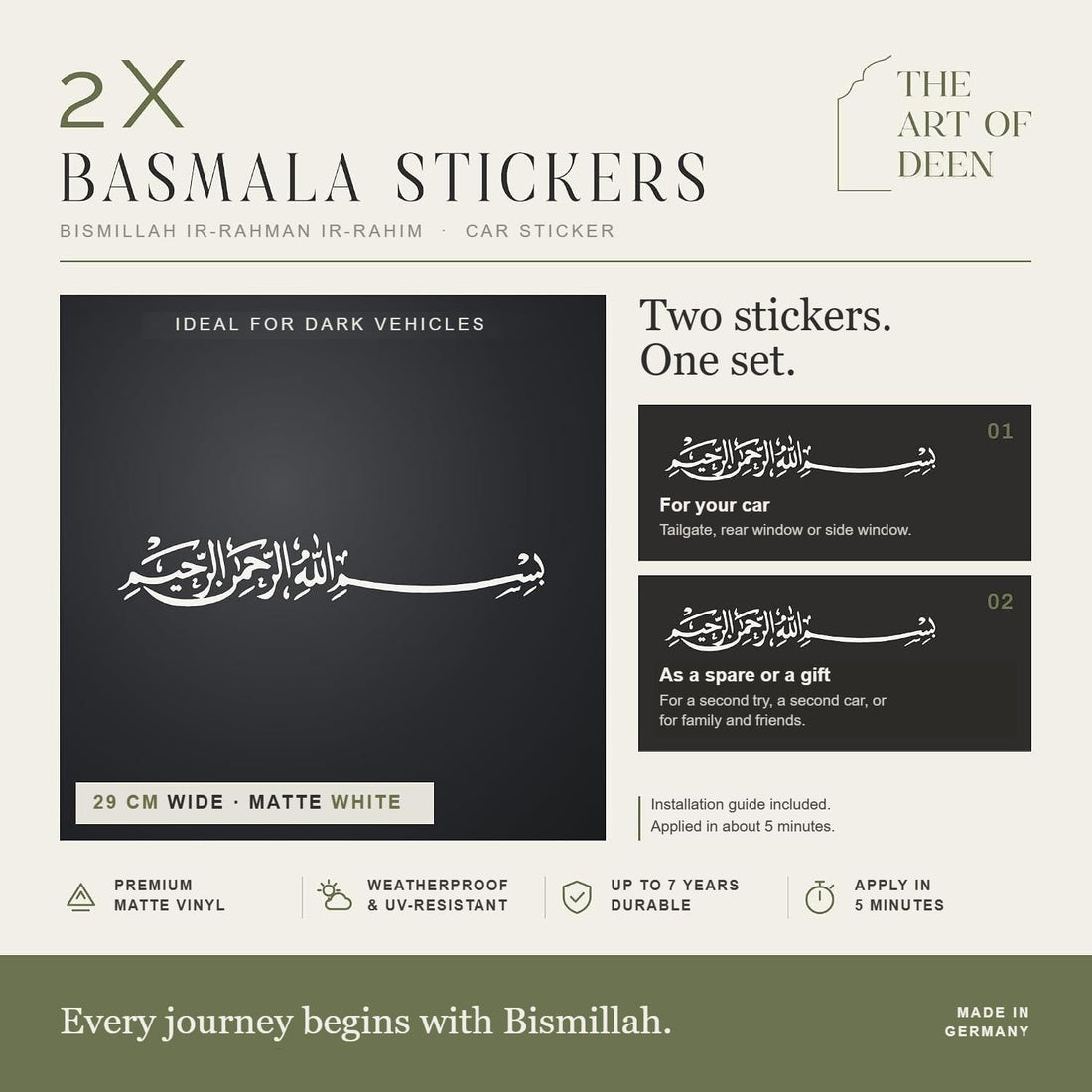 Bismillah Car Sticker Set of 2 – Basmala Arabic Calligraphy Vinyl Decal, Matte Black or White, 21 / 29 cm - The Art of Deen