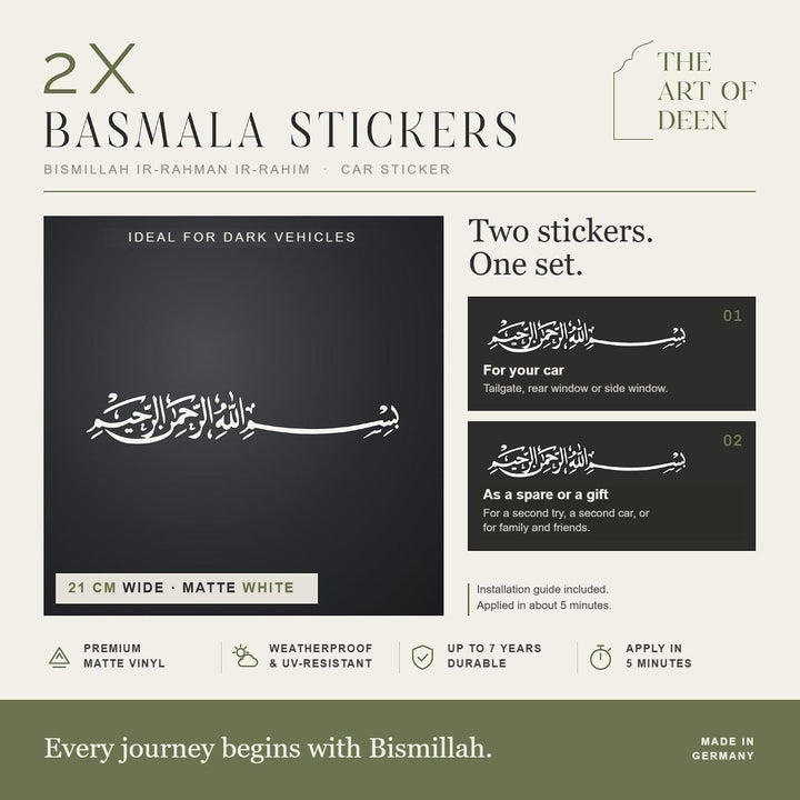 Bismillah Car Sticker Set of 2 – Basmala Arabic Calligraphy Vinyl Decal, Matte Black or White, 21 / 29 cm - The Art of Deen
