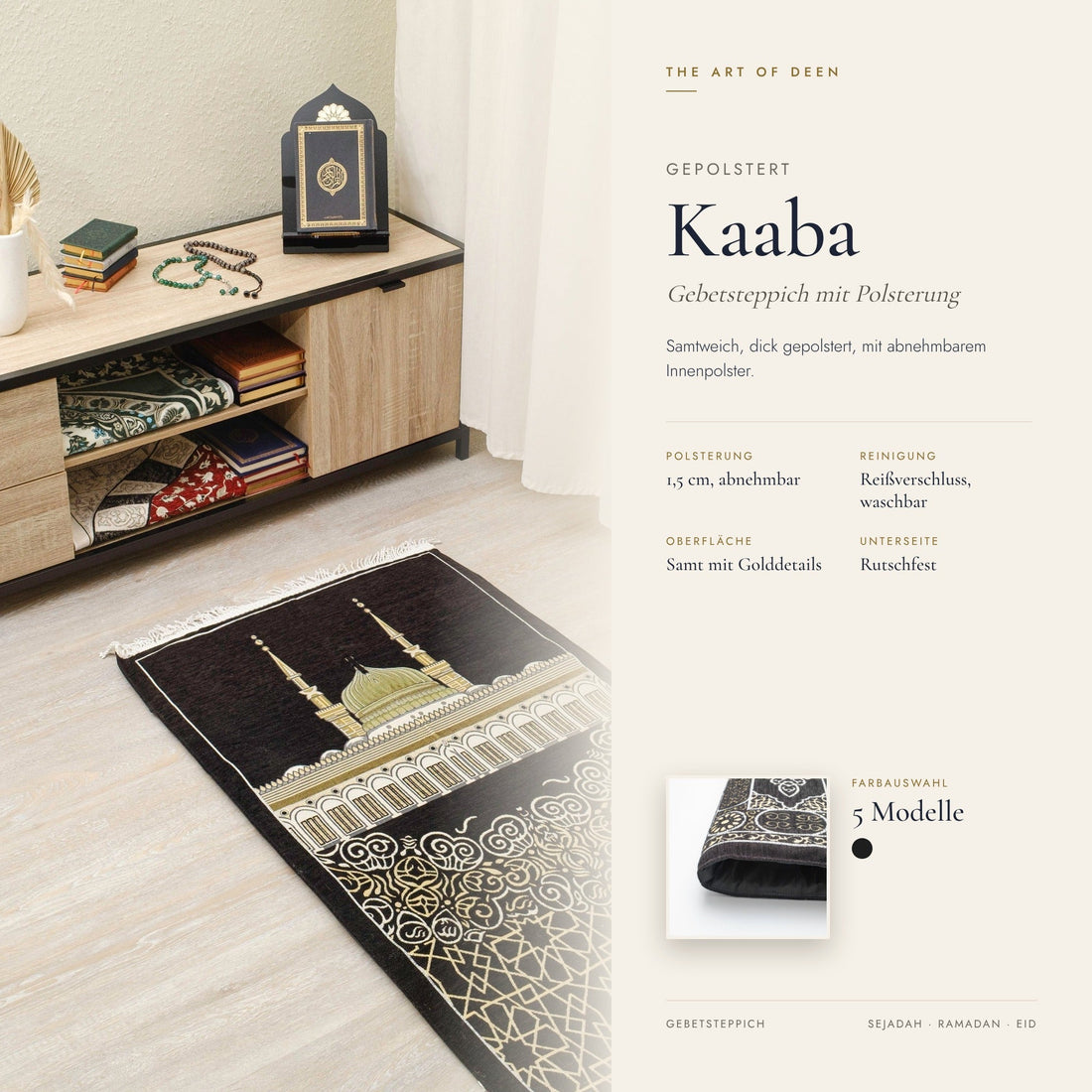 Kaaba Padded Prayer Mat — Luxus Velvet Sejadah | Extra Comfort for Seniors & Sensitive Knees | Removable Cushion - The Art of Deen