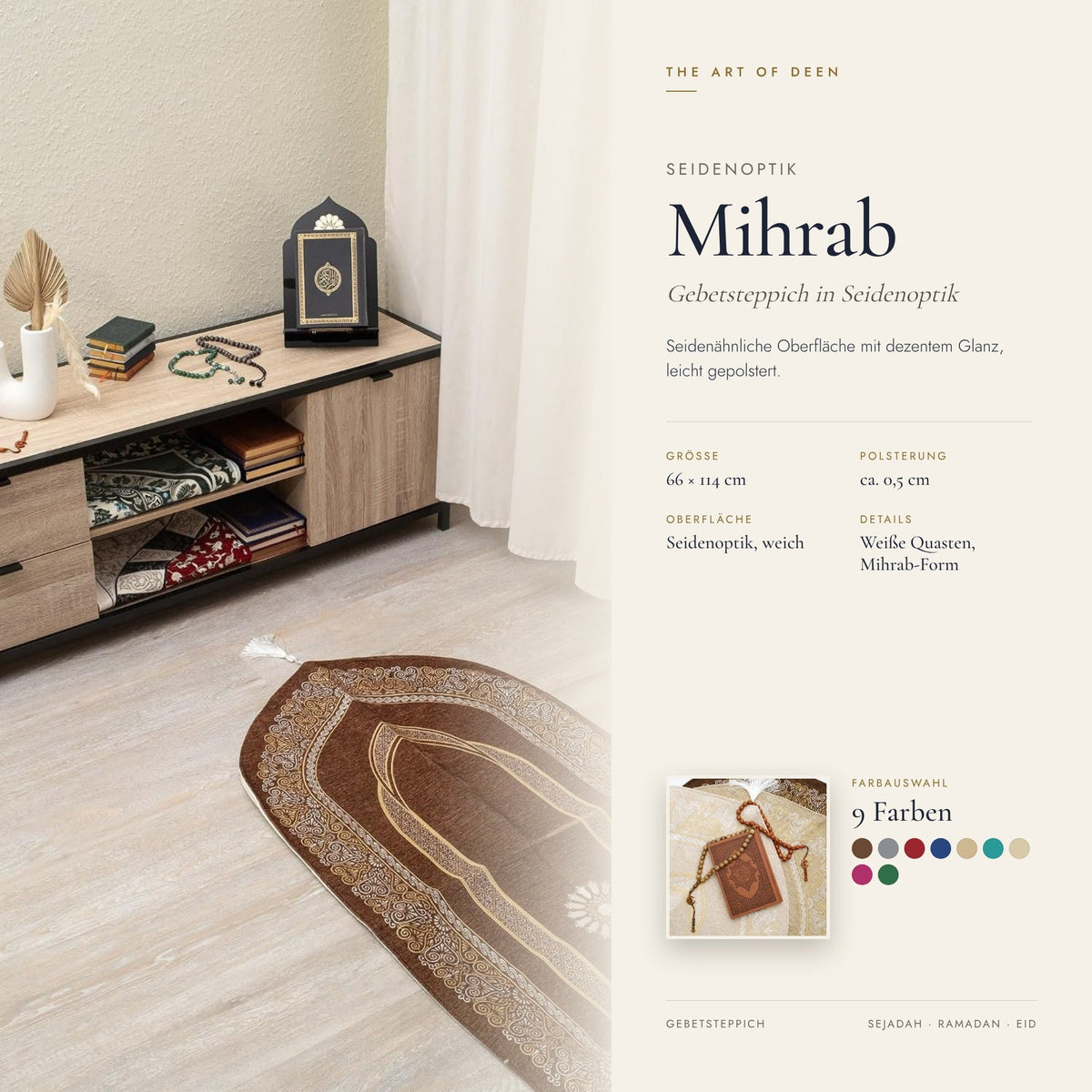 Mihrab Prayer Rug with Light Padding – Luxury Silk-Look Islamic Prayer Mat - The Art of Deen