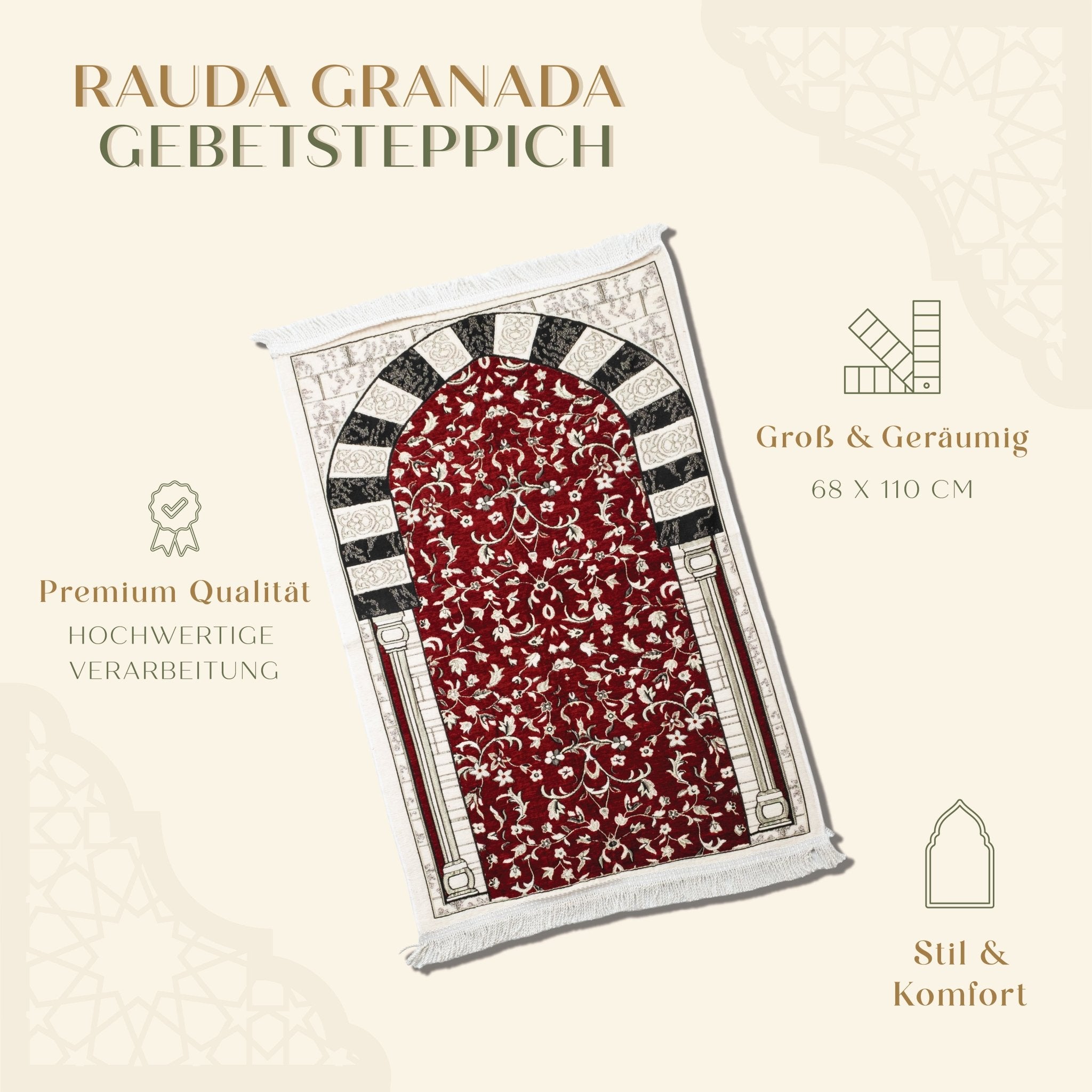 Rauda Granada Arch Prayer Mat | Soft, Lightweight Floral Arch Design | Multiple Colours Available - The Art of Deen