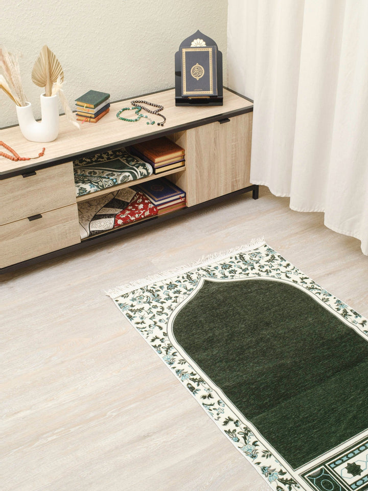 Rauda Medina Bloom Prayer Mat | Soft, Minimal Floral Border Design | Lightweight and Elegant - The Art of Deen