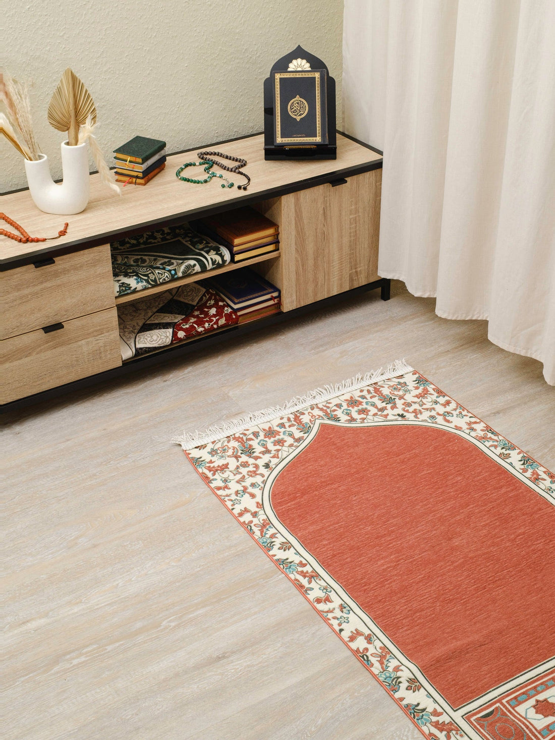 Rauda Medina Bloom Prayer Mat | Soft, Minimal Floral Border Design | Lightweight and Elegant - The Art of Deen